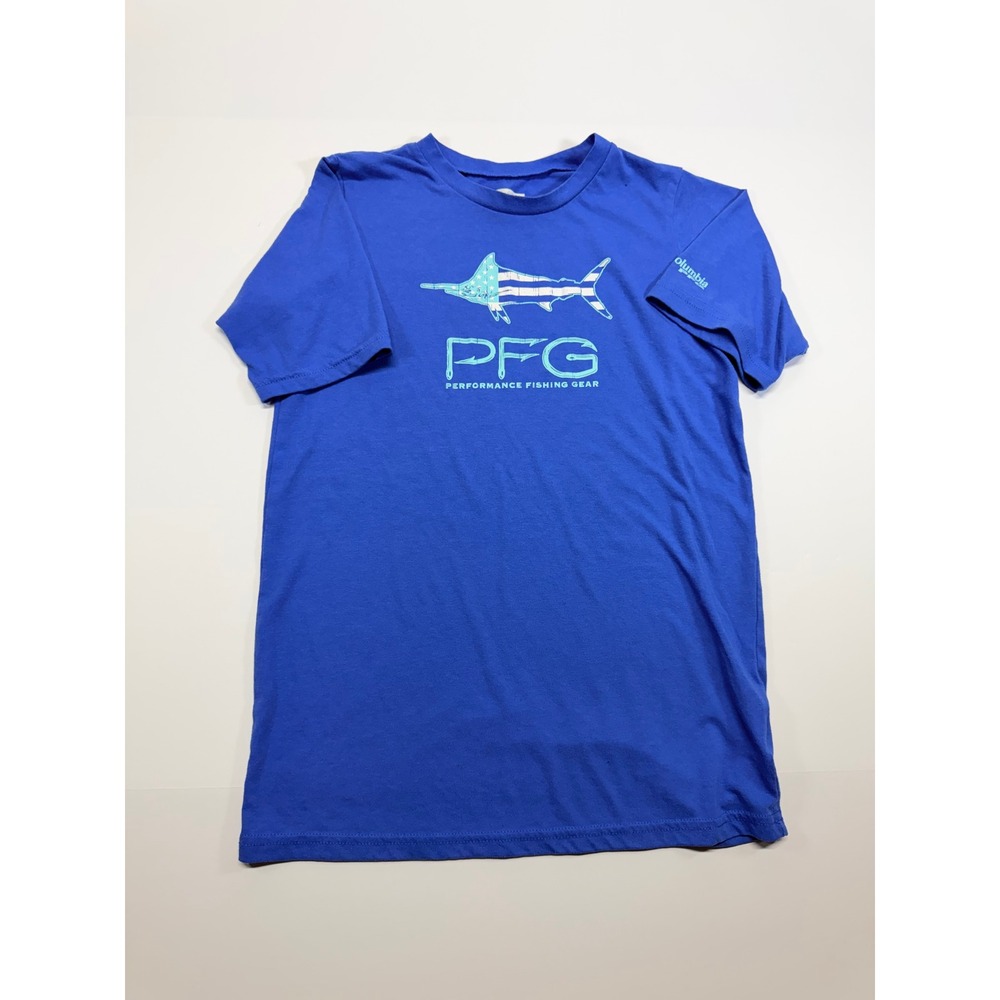 Columbia PFG Kids XL Blue Marlin American Flag Performance Fishing Gear T-Shirt